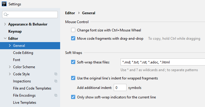 IntelliJ soft-wrap checkboxes_in_general editor settings