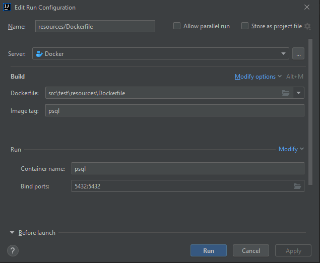 IntelliJ PostgreSQL Docker build runner settings
